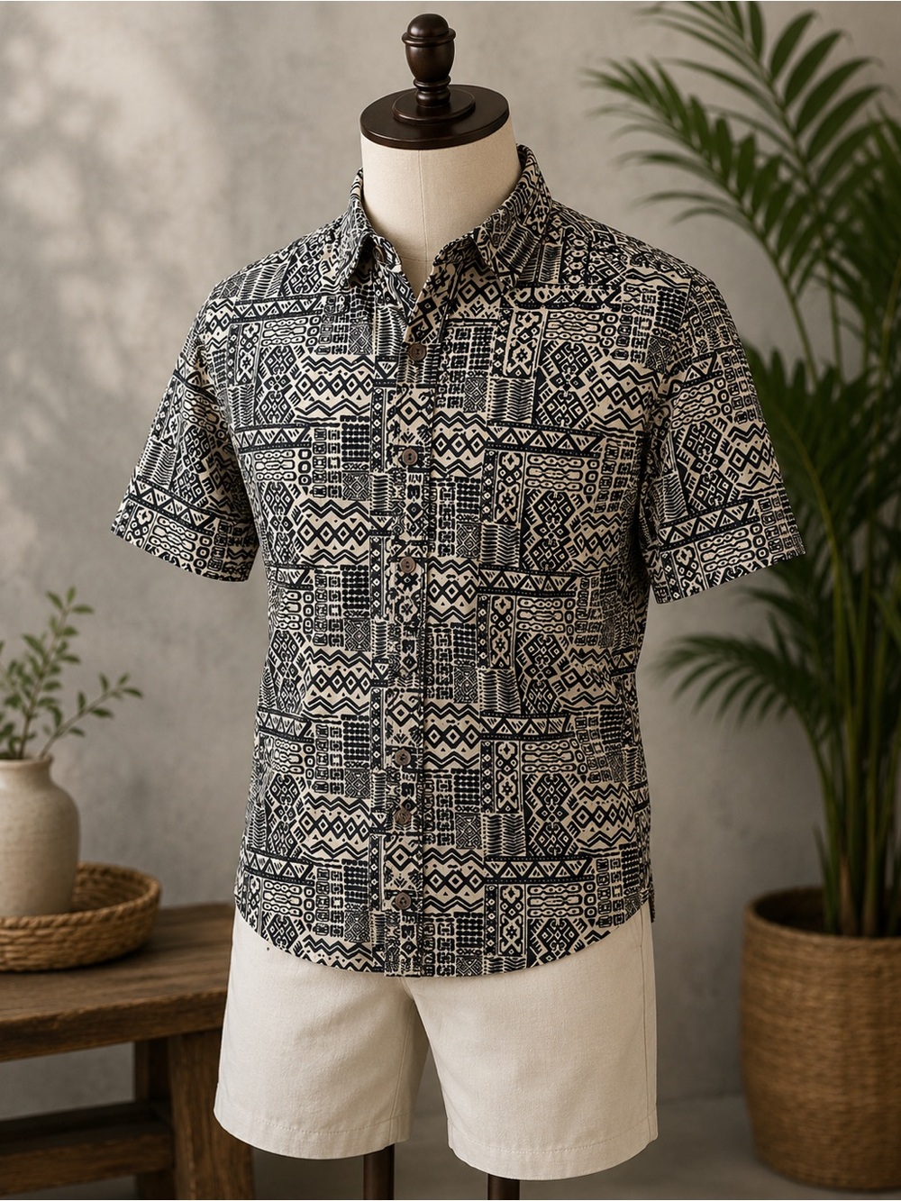Kenny Flowers Men's Tribal Camp Shirt Black Ivory Resort Hawaiian Button Up 3XL